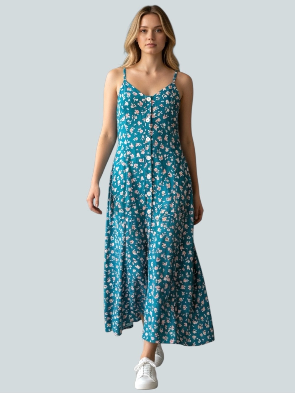 Sam & Lavi Floral Button Front Midi Dress Blue Pink Sleeveless Sundress Size M